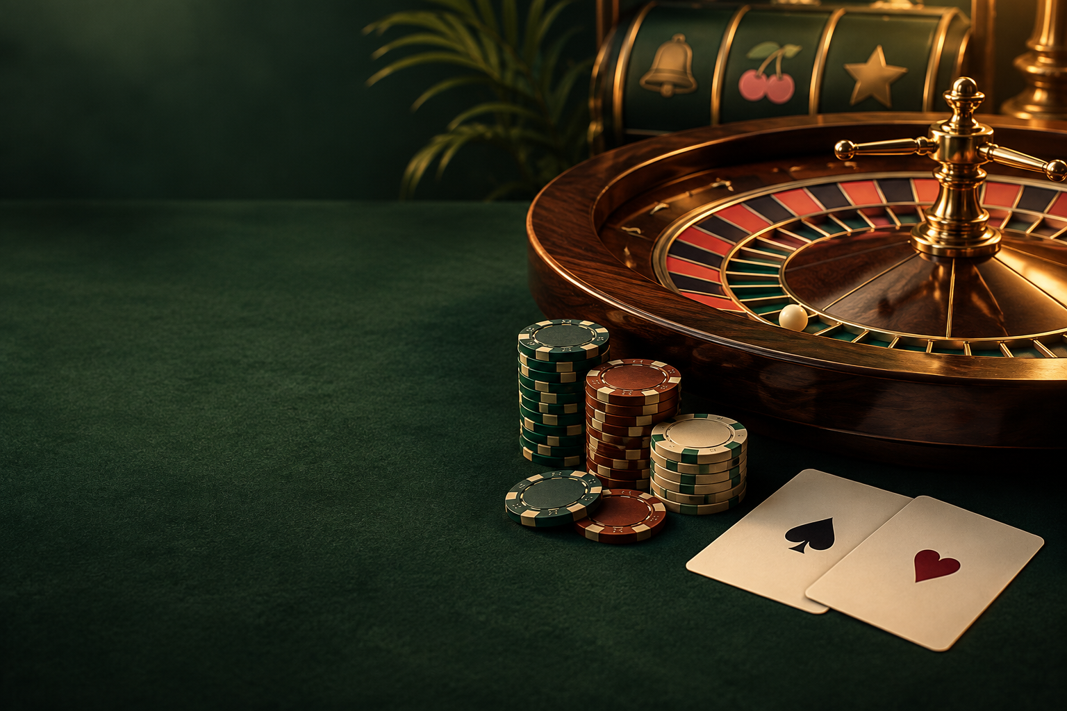 Ilustrasi roda roulette, kartu, dan keping di meja kasino